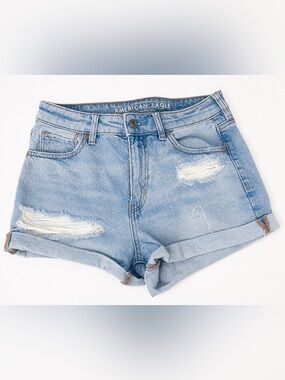 American Eagle Outfitters Light Blue Ripped Denim Roll-Hem Shorts